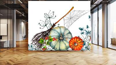 Halloween seamless border. Woven Thistle with dry inflorescences of meadow grasses, pumpkins, rosehip berries, rustic broom,  gossamer and spider. Watercolor hand painted elements on white background. Wall mural