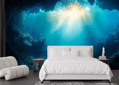 Immerse yourself in the mesmerizing beauty of the underwater sea Experience the enchanting blue sunlight seeping through the depths Immerse yourself in a world of tranquility Wall mural