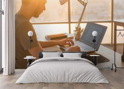 business man working on laptop at desk in office Wall mural