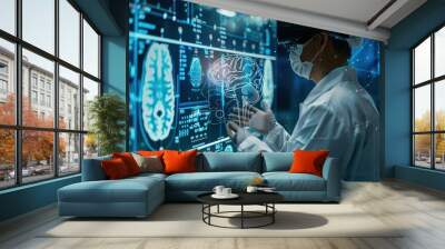 Doctor checking brain testing result with robotics on virtual interface on laboratory background, innovative hi tech, mechanical technology in science and medicine concept Wall mural