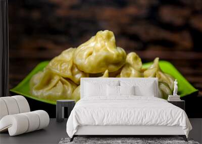 Nepalese traditional dumpling momos, Tibetan momo, Chinese dumpling dimsum on a plate Wall mural