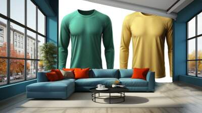 Collection of long sleeve round neck t-shirts for men set in different colours isolated on transparent background. Generative AI Wall mural