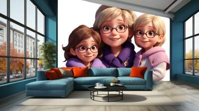 Portrait of mother and two daughters smiling with wearing glasses isolated on transparent background, 3d illustration. Generative AI Wall mural