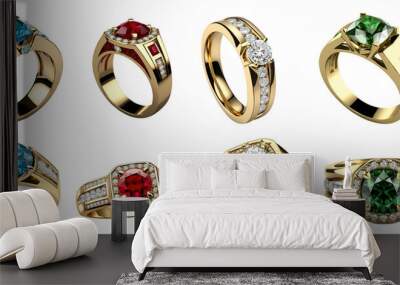 Set of various luxurious men's gold engagement rings isolated on transparent background. Generative AI Wall mural