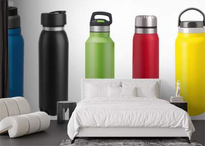 Set of various modern vacuum insulated thermos water bottles isolated on transparent background. Generative AI Wall mural