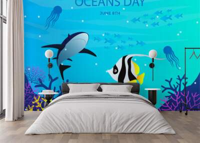 World oceans day 8 June. Save our ocean. Sea turtle, jellyfish and fish were swimming underwater with beautiful coral and seaweed background vector illustration. Wall mural