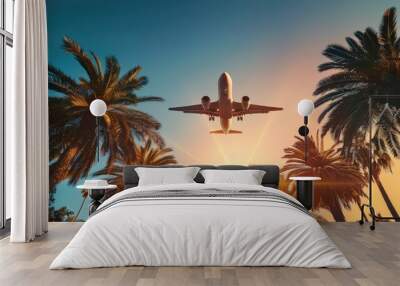 Airplane flying above palm trees in clear sunset sky with sun rays Wall mural