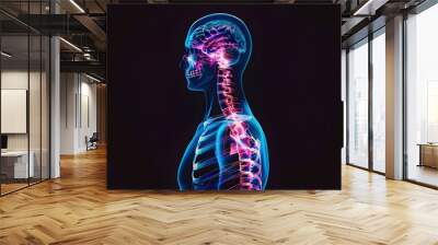 transparent blue human body showing bones and abnormal C-Shaped spine with red Wall mural