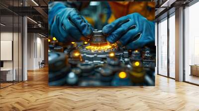 A car mechanic working on an engine in a garage  Wall mural