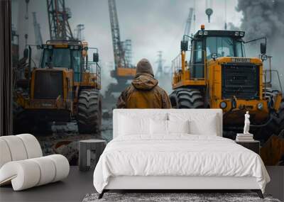 A man stands in the middle of two large construction vehicles  Wall mural