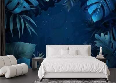 Collection of tropical leaves,foliage plant in blue color with space background Wall mural