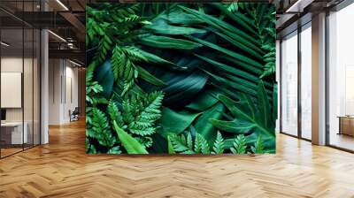 closeup tropical green leaf background. Flat lay, fresh wallpaper banner concept Wall mural