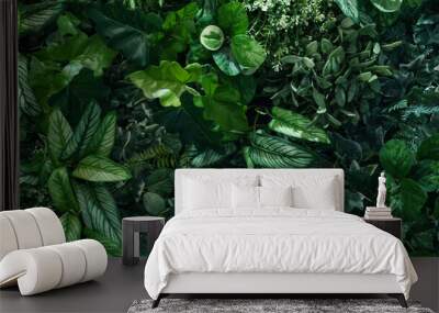 Full Frame of Green Leaves Pattern Background, Nature Lush Foliage Leaf Texture, tropical leaf Wall mural