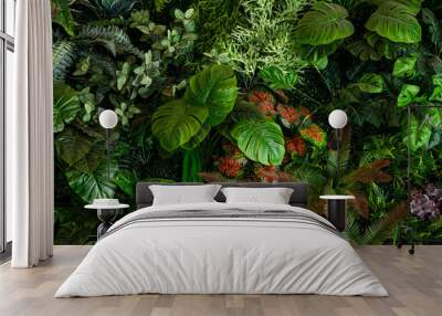 Full Frame of Green Leaves Pattern Background, Nature Lush Foliage Leaf Texture, tropical leaf Wall mural