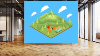 Isometric terrain with topography. Camping, hiking and travel outdoor. 
Mountains and plains. GPS map navigation. Isometric cartoon colorful vector illustration. Wall mural