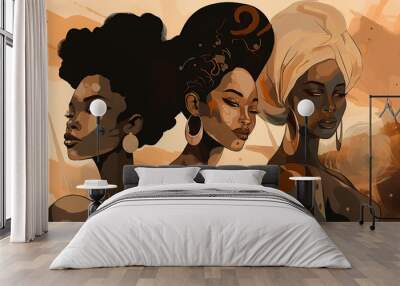 Abstract poster, Wall art design with beautiful black women, cartoon, poster, paint, Luxury Gorgeous African ladies with exotic hairstyles and traditional clothe, created with Generative AI Wall mural