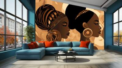 Abstract poster, Wall art design with beautiful black women, cartoon, poster, paint, Luxury Gorgeous African ladies with exotic hairstyles and traditional clothe, created with Generative AI Wall mural