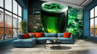 Green Saint Patrick Day craft lager beer in beer mug glass. St. Patrick day festival concept, created with Generative AI Wall mural