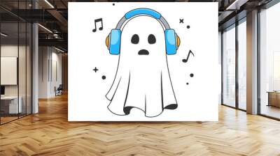 Kawaii ghost boo listening music using headphones. Happy Halloween. Cute cartoon spooky character. Vector illustration Wall mural