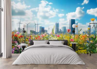 Day time soft light focus at colorful flowers with windmills generating electricity as background Sustainable development on environmental conservation and climate change using clean energy concepts Wall mural