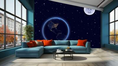 Planet earth and moon on night sky. North and South America. Wall mural