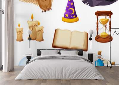 magic items: owl, wizard hat, witch hat, candles, book, hourglass, crystal ball, cauldron, and flask Wall mural