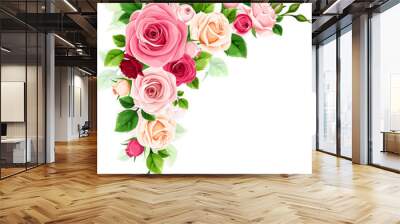 Roses corner border. Red, pink, and white roses corner design element isolated on a white background. Vector illustration Wall mural