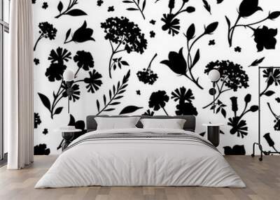 Seamless black and white floral pattern with flowers silhouettes. Vector illustration Wall mural