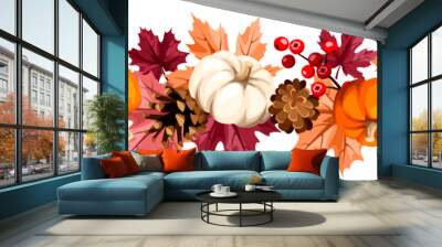 Seamless border with pumpkins, red, pink, and orange autumn leaves, pinecones, and rowanberries. Vector illustration Wall mural