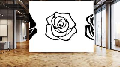 Set of three vector black silhouettes of rose flowers isolated on a white background. Wall mural