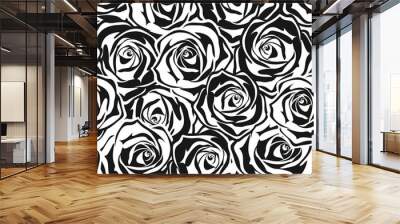 Vector black and white seamless pattern with rose silhouettes. Wall mural