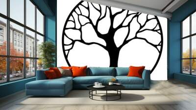 Vector black silhouette of a tree in a circle isolated on a white background. Wall mural