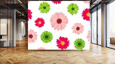 Vector seamless pattern with red, pink and green gerbera flowers on a white background. Wall mural