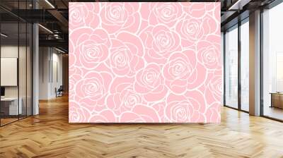 Vector seamless pattern with white roses contours on pink. Wall mural