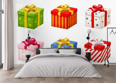 Vector set of colorful gift boxes with ribbons and bows isolated on a white background. Wall mural