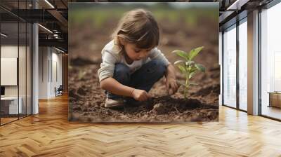 child kid joyfully planting a green tree plant in the forest garden, environmental conservation Wall mural