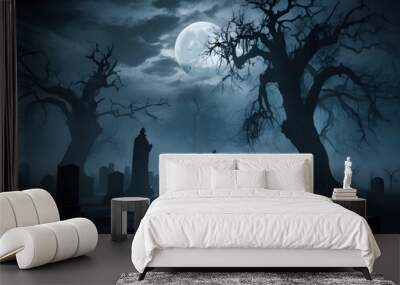 Halloween spooky night graveyard scene with bats and moon background Wall mural