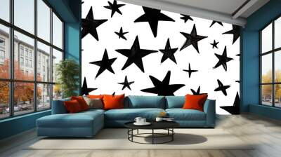 Black stars pattern in a white background, seamless pattern with stars Wall mural