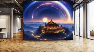 Fantasy landscape of palace with moon and lights sky background Wall mural