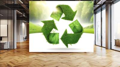 Green grass Recycle symbol on nature background Wall mural