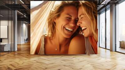 Happy lesbian couple in a hammock. Girls relax in nature, laugh with happiness. Generative AI. Wall mural