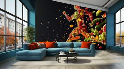 Illustration of a running man made from vegetables and fruits. Healthy food concept. Generative AI. Wall mural