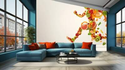 Illustration of a running man made from vegetables and fruits. Healthy food concept. Generative AI. Wall mural