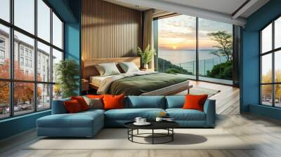 Bed room interior, Minimalist luxury modern bed room design, morning light, modern interior concept. Wall mural