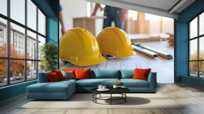 Exploring the importance of safety in construction the role of hard hats and planning in building projects Wall mural