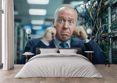 Frustrated businessman in a server room the challenge of technology overload and noise pollution in the workplace Wall mural