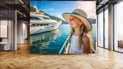 Happy Little Girl in a Straw Hat at the Marina. Wall mural