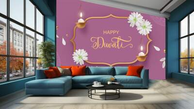 Diwali festival background with hanging diya lamp, golden frame, white flowers and petals Wall mural