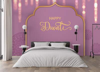 Diwali Festival sale banner with with lights, copper diya lamp and golden frame Wall mural