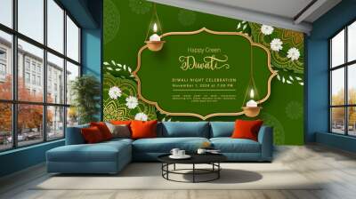 Green Diwali Concept design. Traditional background with hanging diya lamp, golden frame and rangoli pattern made of white flowers Wall mural